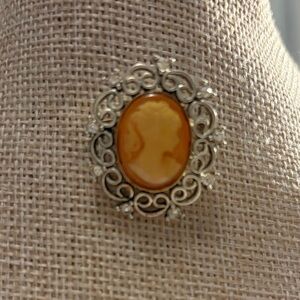 Elegant Silver and Orange Cameo Brooch